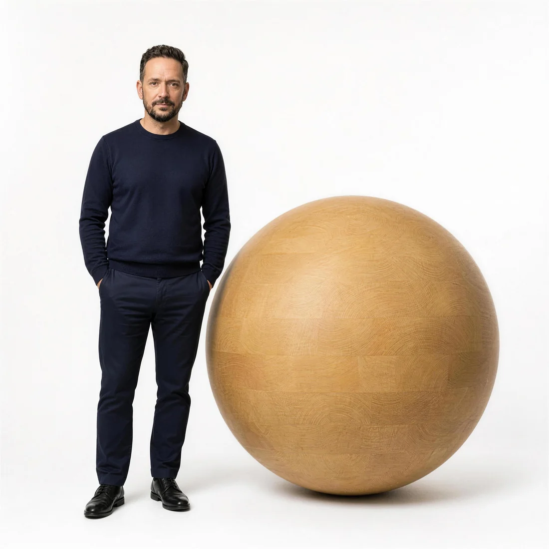 Concept render — a hand-turned oak sphere shown at architectural scale beside a person, illustrating how large a bespoke Farwinger commission can go