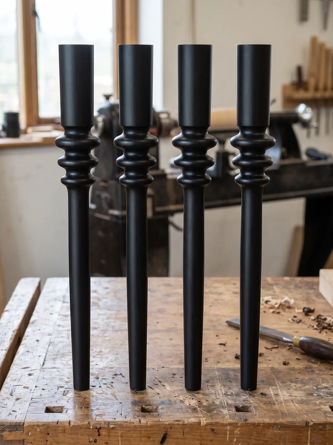 Adderley turned leg &mdash; four ebonised legs on the workshop bench, three rings in a band over a slender tapering shaft