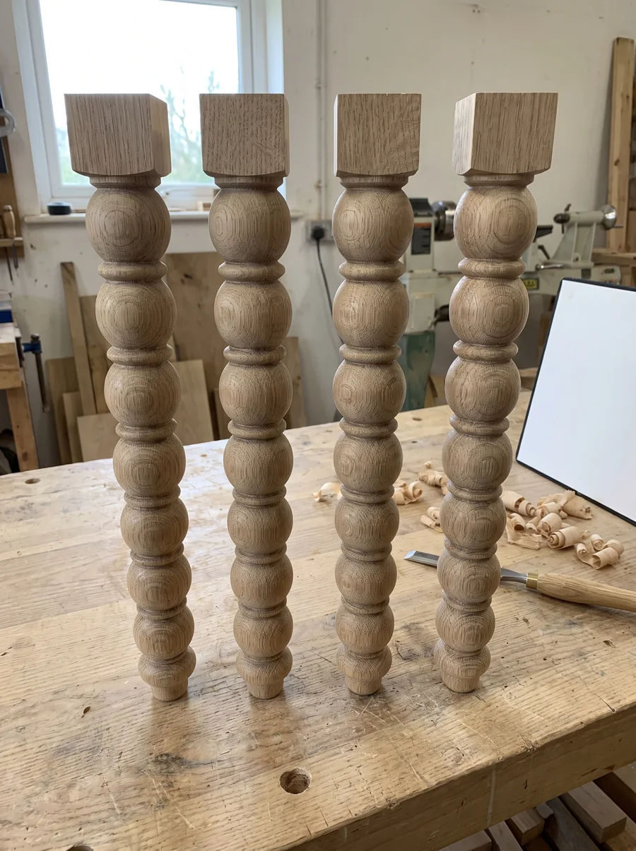 Milk Street bobbin leg — four English oak bobbin-turned legs on the workshop bench, six graduated beads turned from a single stick