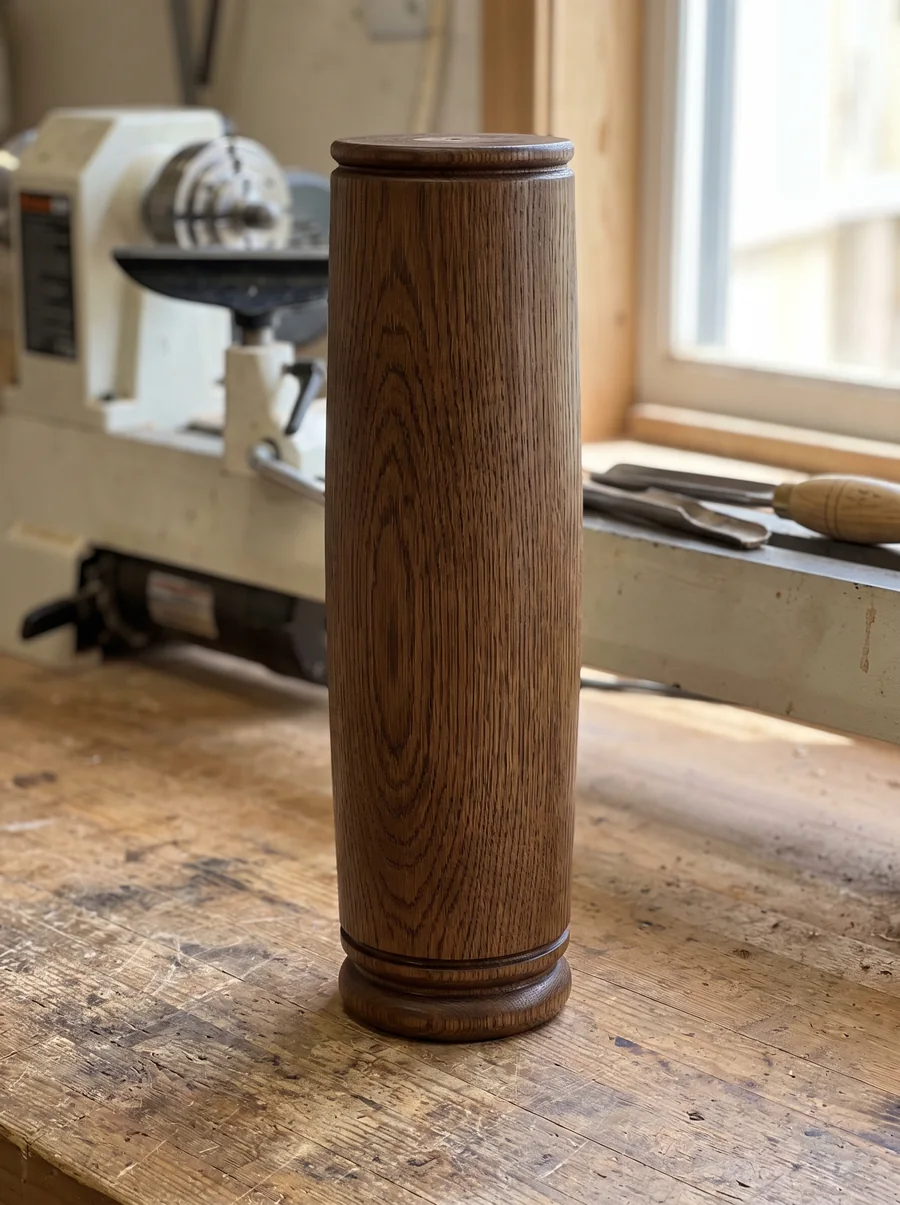 Floodgate column leg — a heavy fumed oak column standing on the workshop floor beside the lathe it was turned on