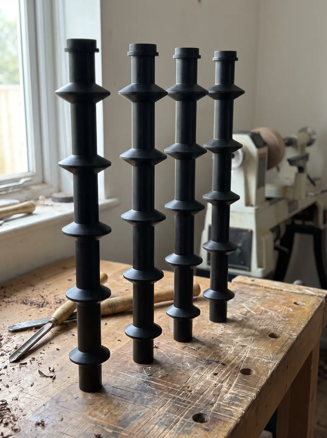 Duddeston turned leg &mdash; four ebonised tulipwood legs with five sharp-arris plates on a plain shaft