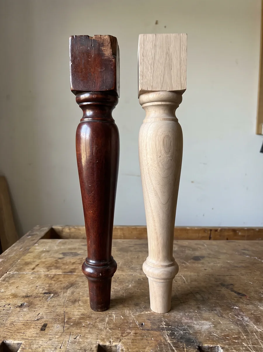 Pattern 4 vase-and-ring leg — a new African walnut leg standing beside the century-old Victorian original it was turned to match