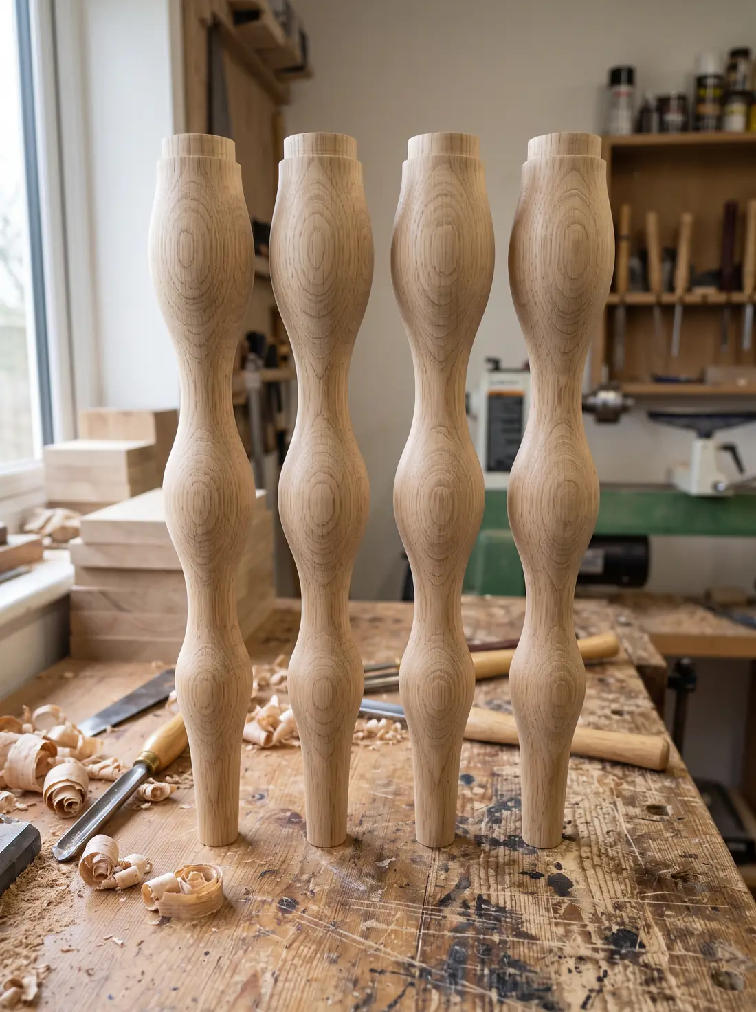 Warwick Bar turned leg &mdash; four swelled oak legs on the workshop bench, three soft swells down each leg falling to a slim foot